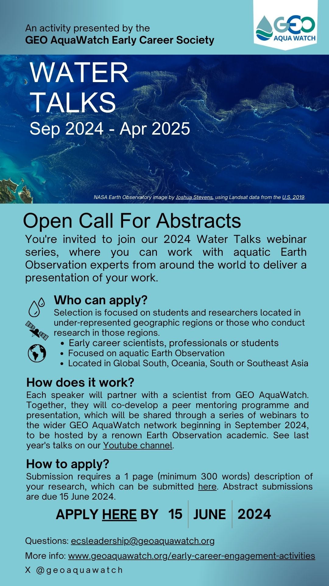 GEO AquaWatch Water Talks 2024 – call for Early Career Water Quality Science talks