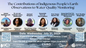 Announcement flyer with photos of moderator and speaker on an AI generated image of a waterbody and the title Contributions of Indigenous Peoples Observations in Water Quality Monitoring